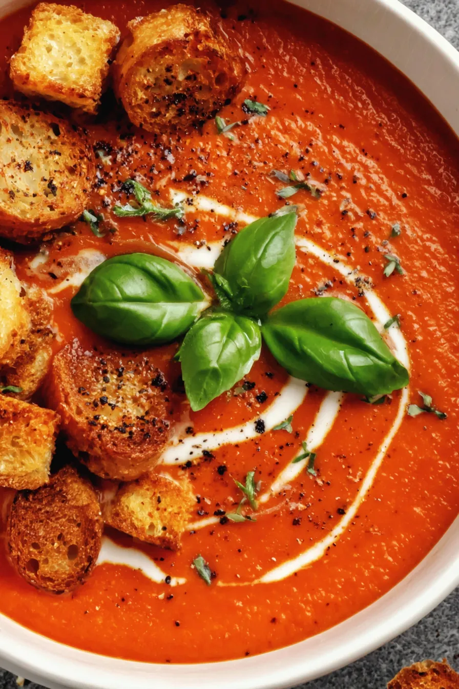 Served bowl of roasted tomato soup with basil garnish