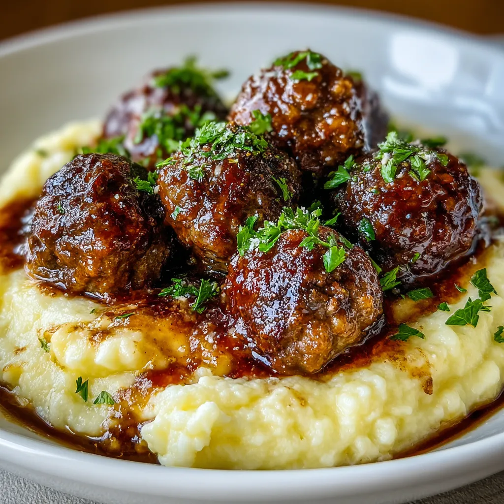 Salisbury Steak Meatballs with Garlic Herb Mashed Potatoes