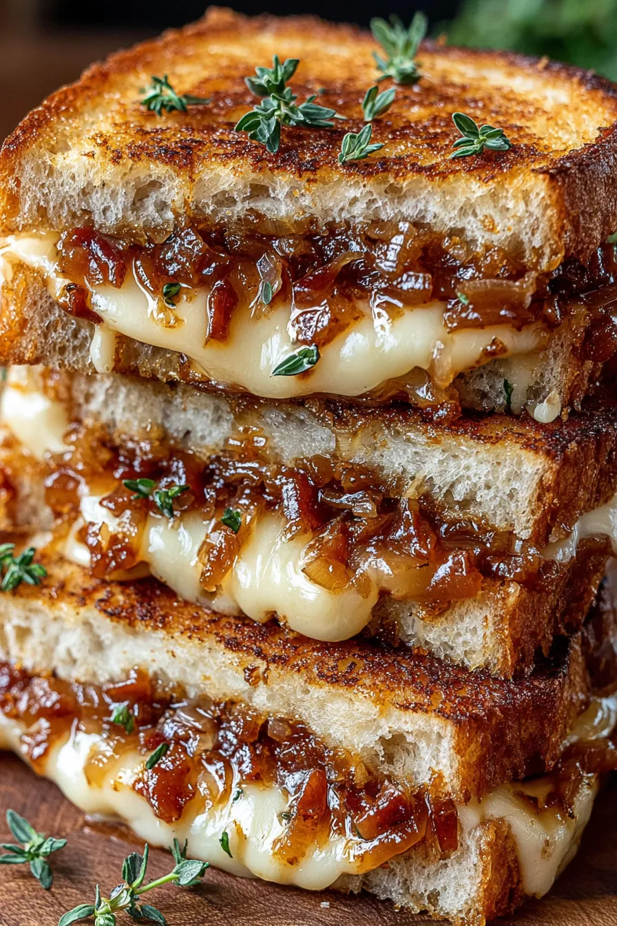 Crispy grilled sandwich with bacon and caramelized onions