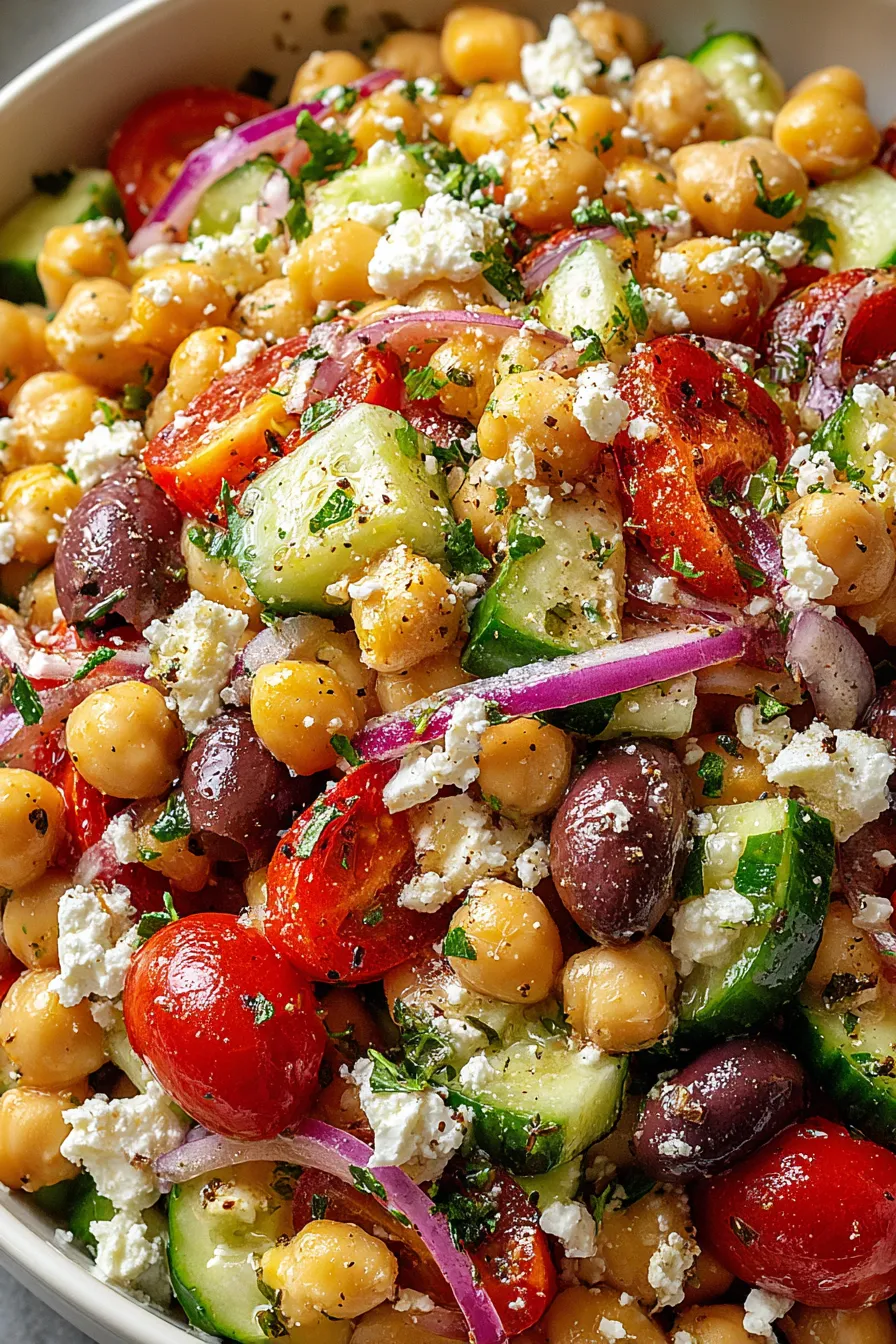 Mediterranean chickpea salad in a bowl, showing chickpeas, tomatoes, cucumber, and feta