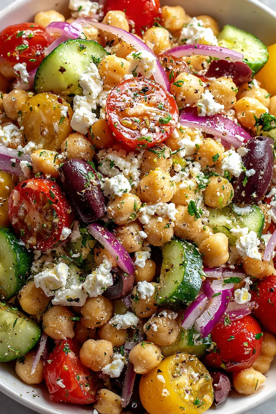 Close-up of feta crumbles and olives on chickpea salad