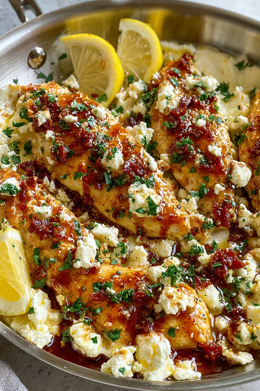 Hot Honey Feta Chicken in skillet with melted feta and honey glaze