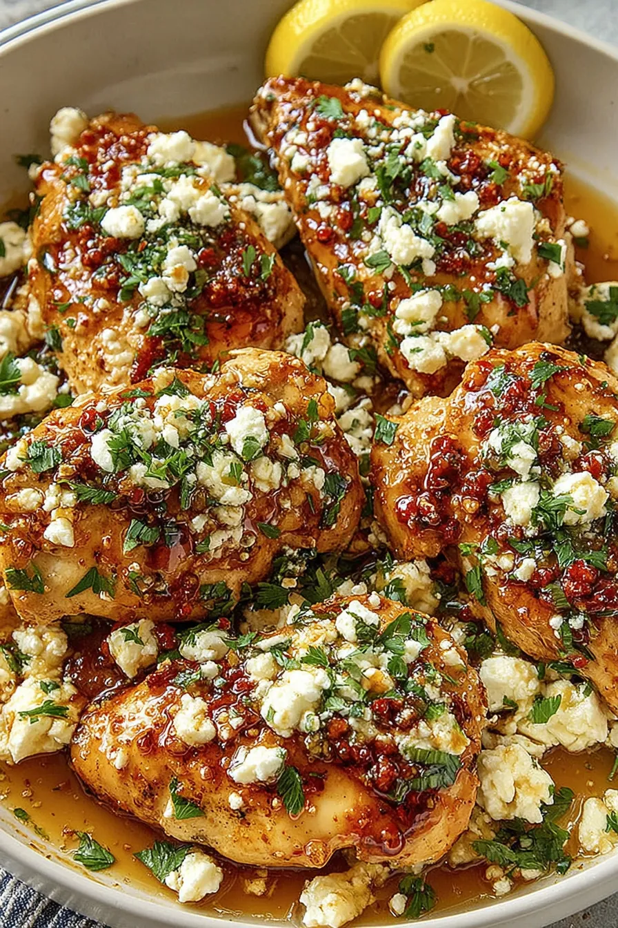 Close-up of sliced chicken topped with feta and parsley