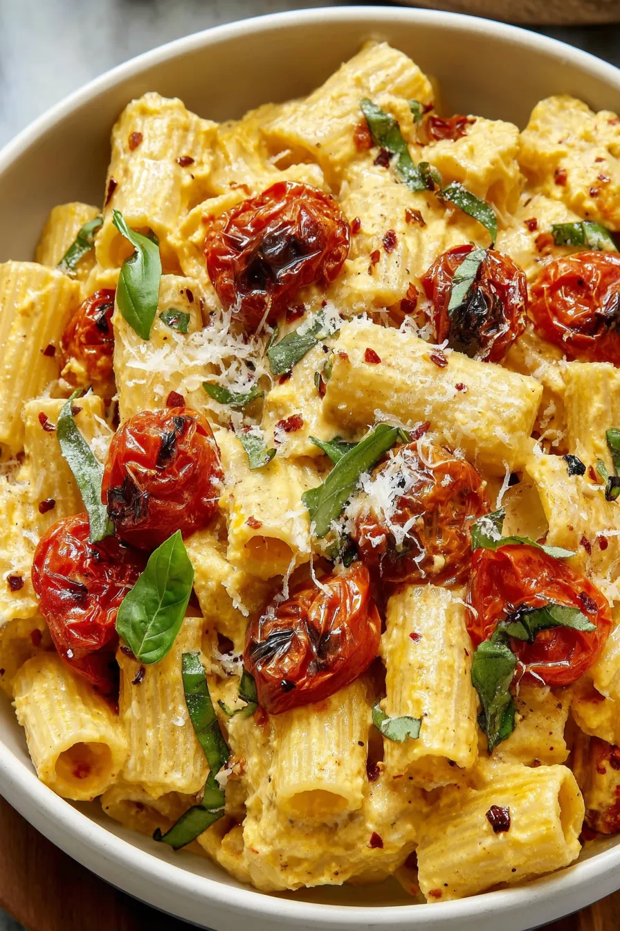 Roasted cherry tomatoes and garlic on a baking sheet