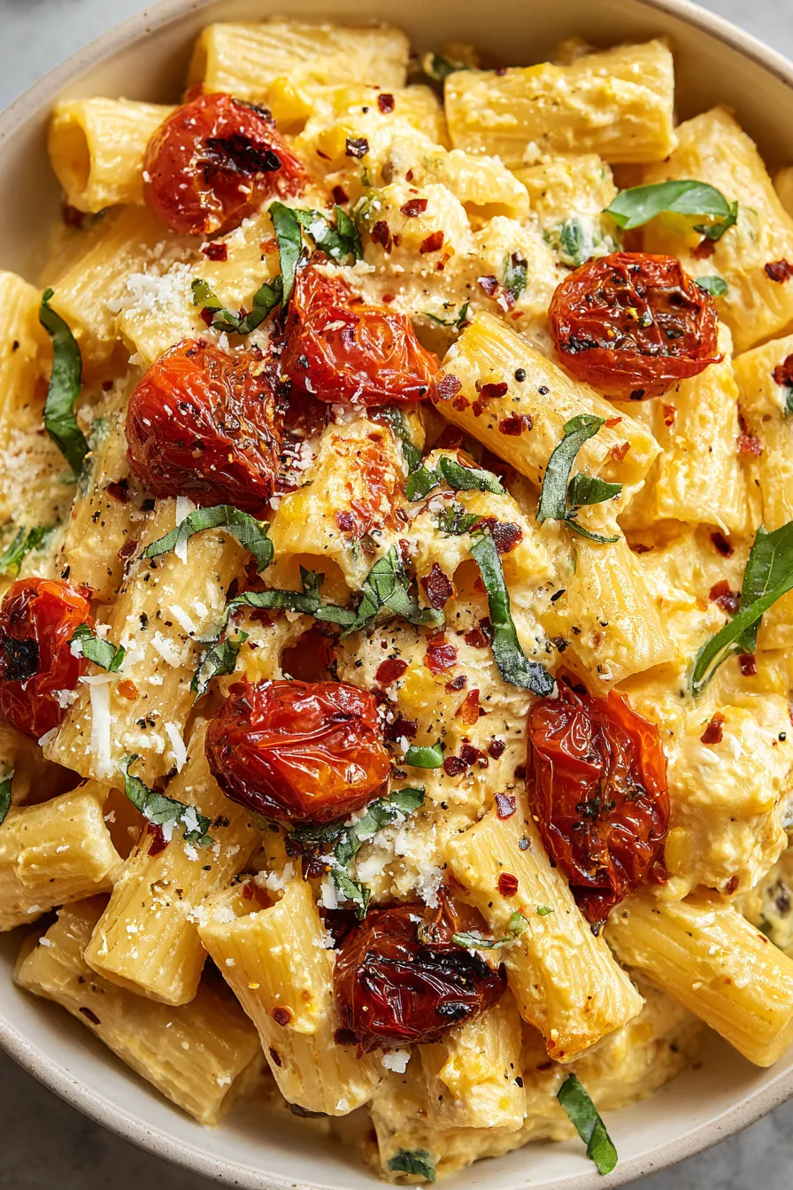 Bowl of pasta with creamy ricotta and basil