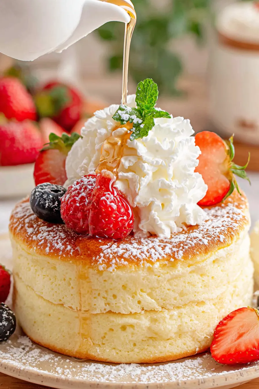 Stack of fluffy Japanese soufflé pancakes on a plate with berries