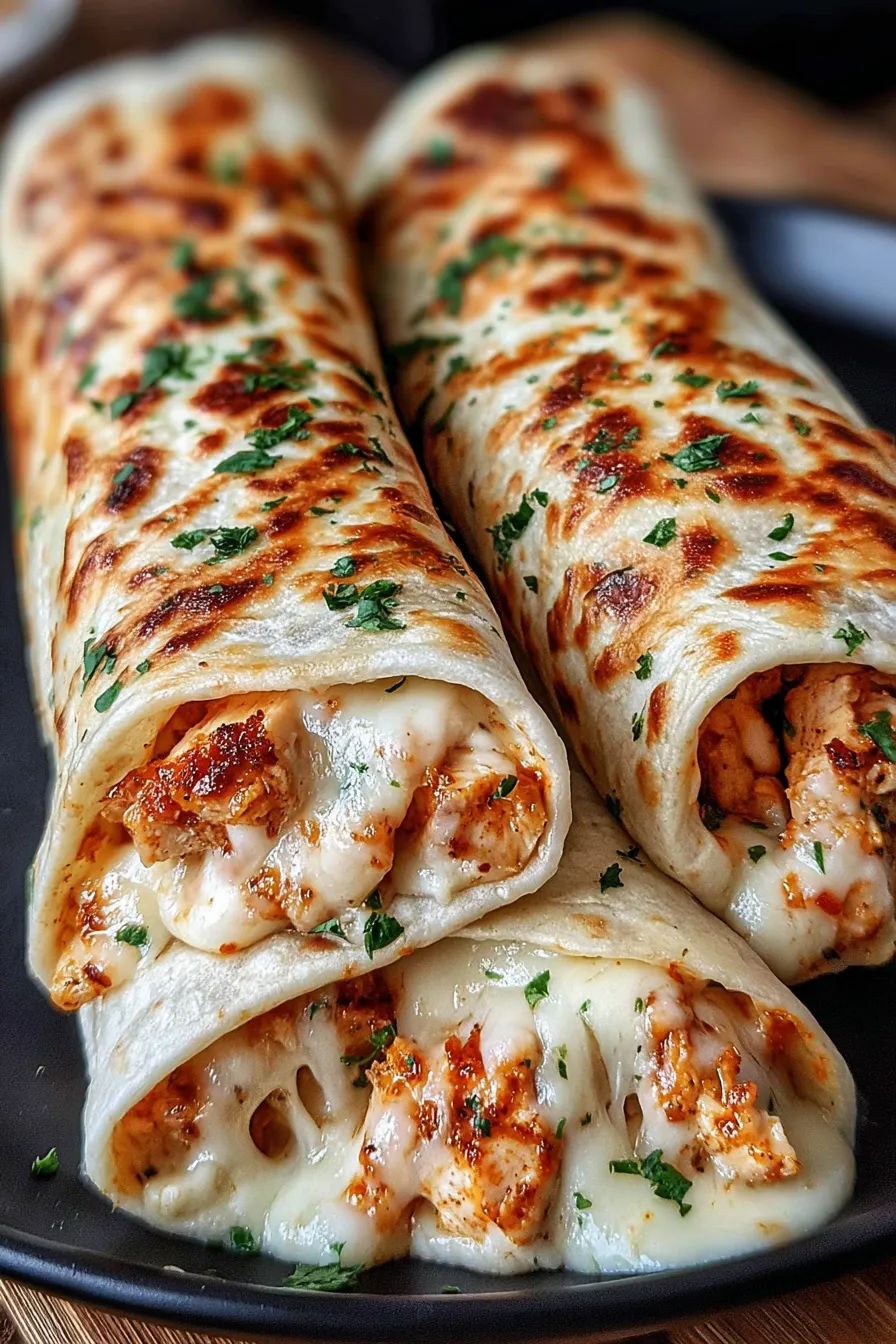 Baked golden cheesy chicken wraps on baking dish
