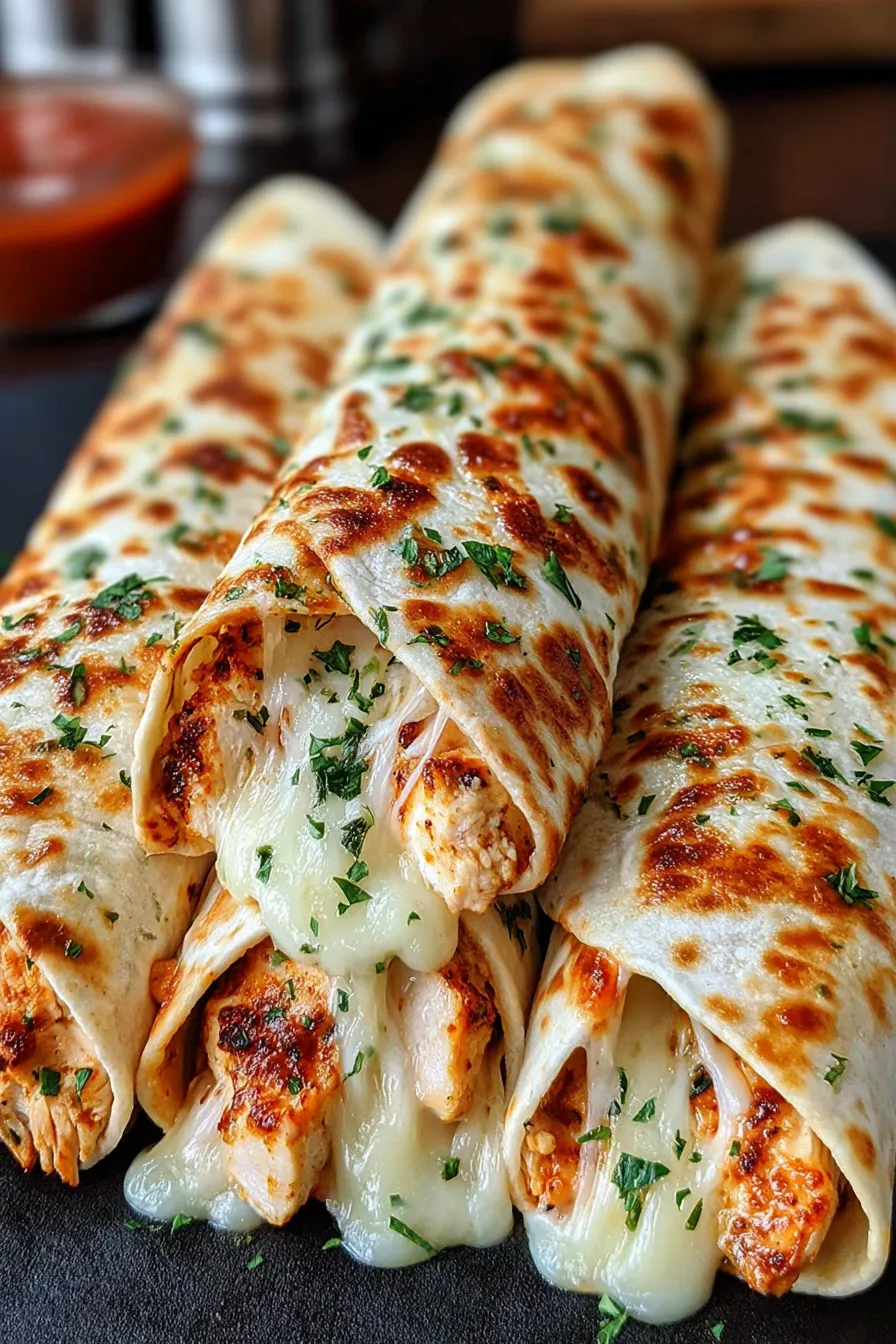Chicken strips sizzling in skillet with garlic