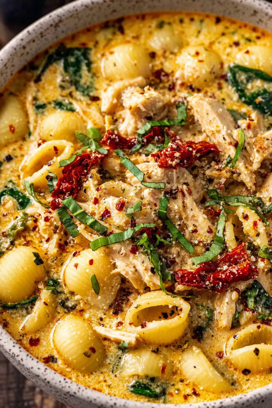 Creamy Marry Me Chicken Soup in a white bowl with basil garnish