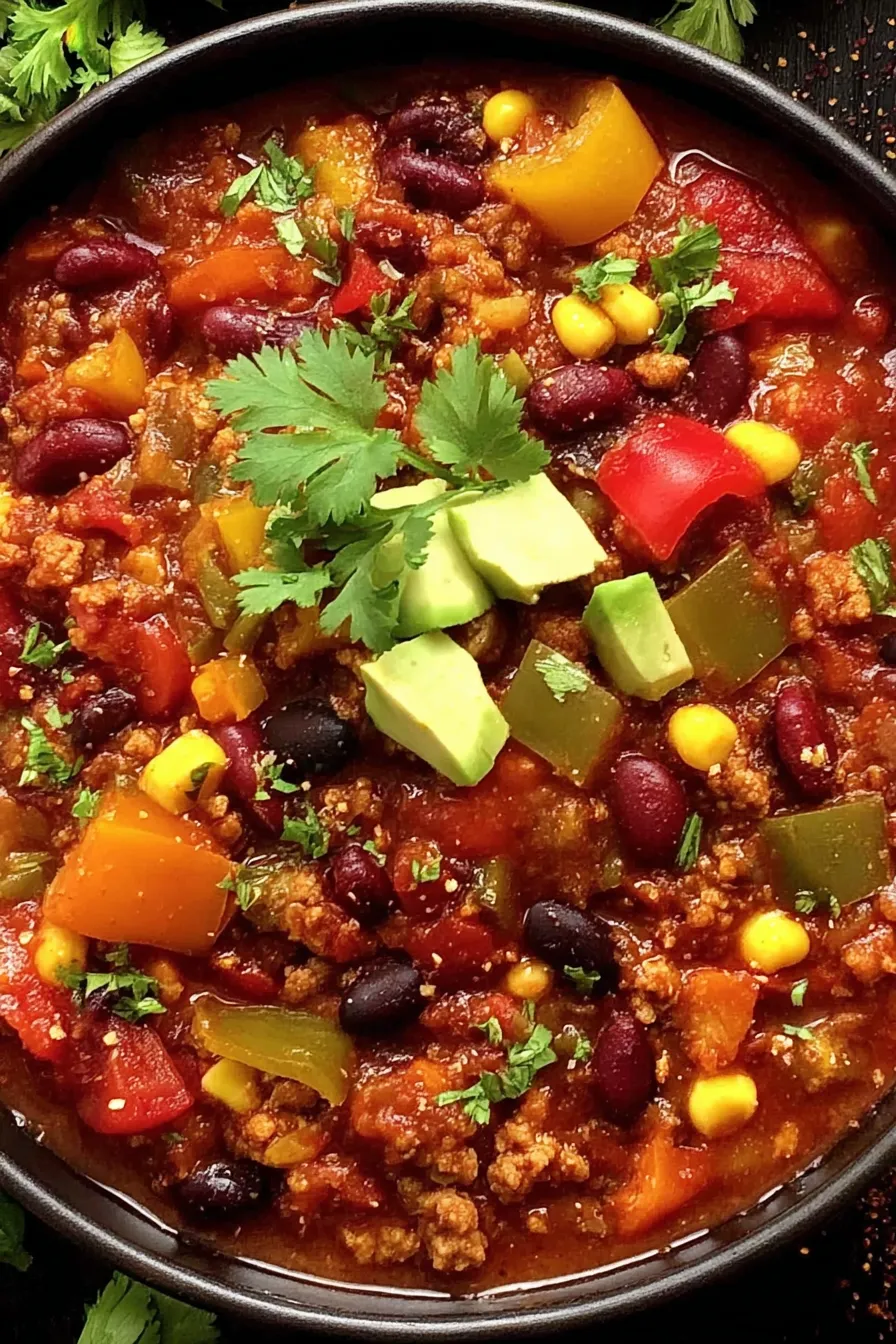 A ladleful of hearty vegan chili in a bowl garnished with cilantro