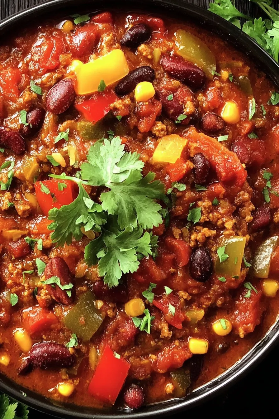 Bowl of vegan chili topped with avocado and cilantro on a rustic table