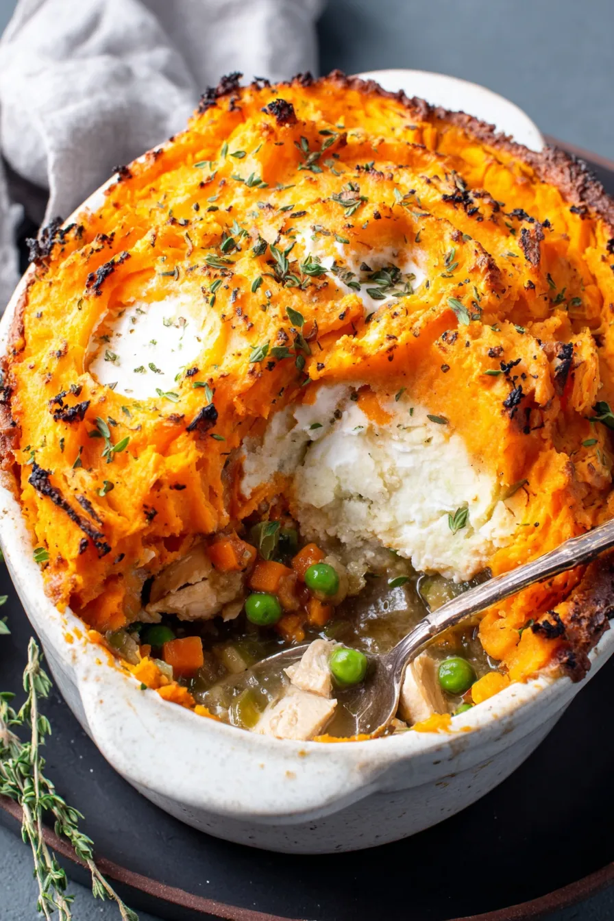 Individual ramekin turkey pot pies with crisped sweet potato topping