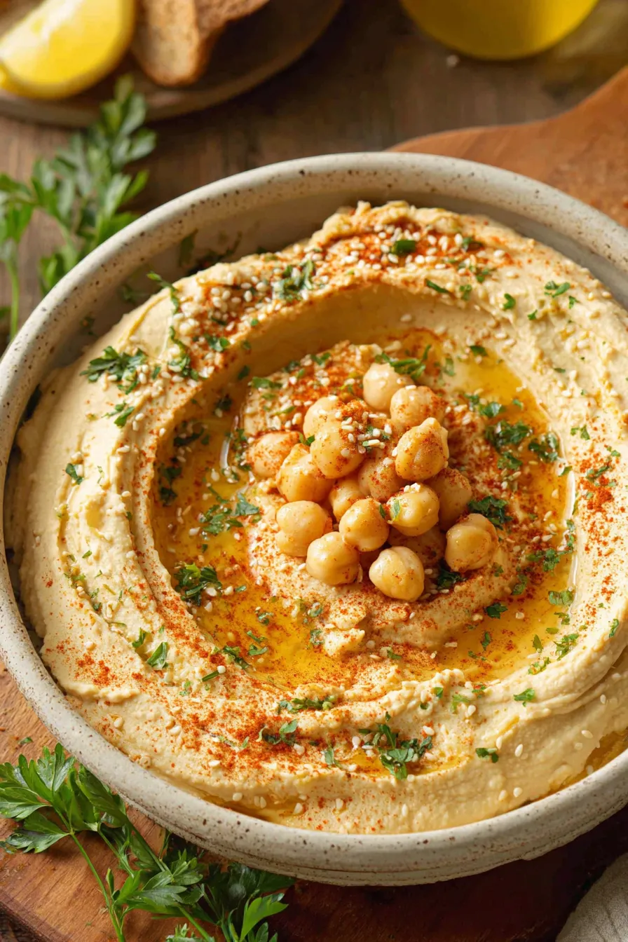 Smooth no-garlic hummus in a bowl with olive oil drizzle