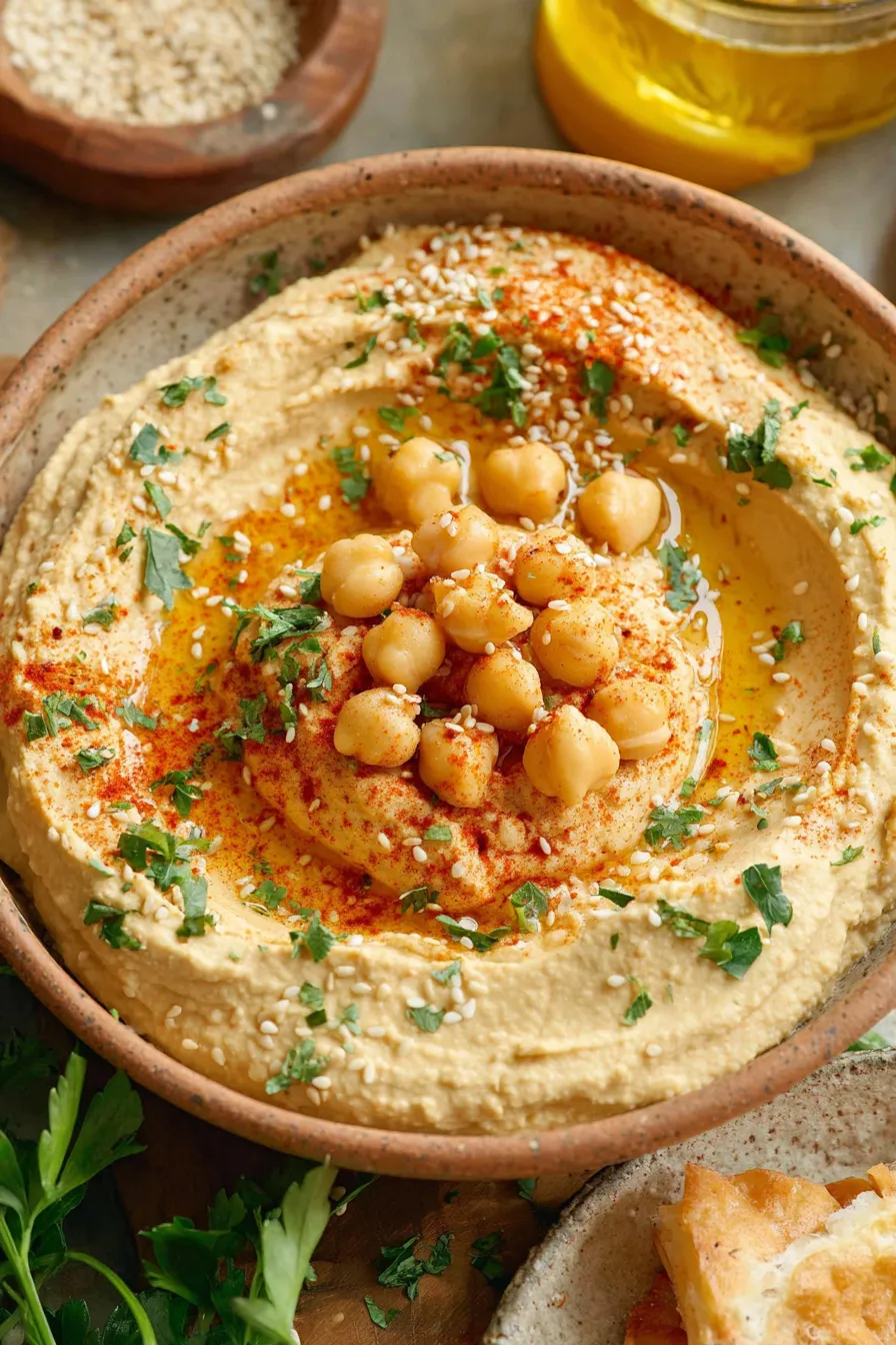 Hummus served with pita and fresh vegetables