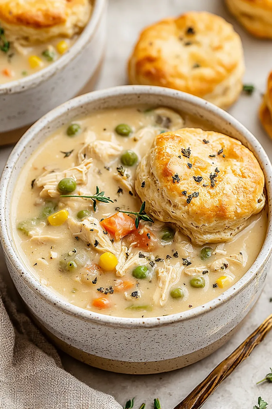 Baked biscuits ready to top creamy chicken filling