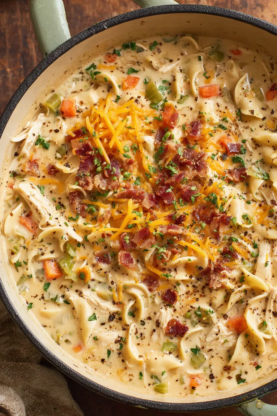 Creamy crack chicken noodle soup in a bowl with bacon and green onions