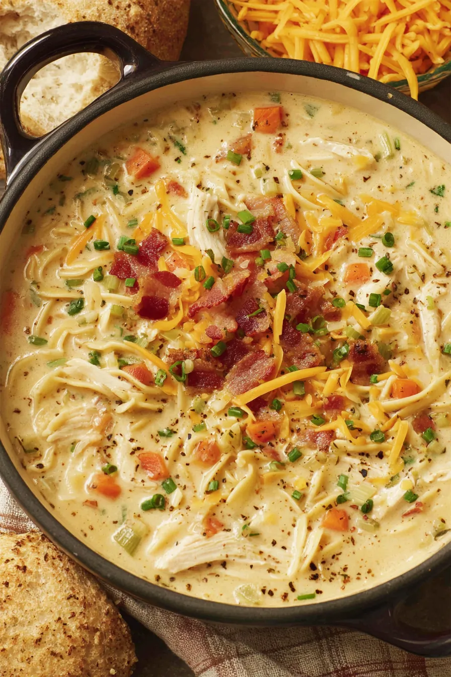 Close-up of spoonful of crack chicken noodle soup over bowl