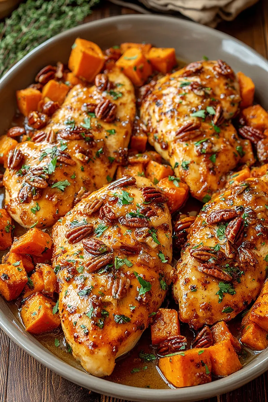Maple-glazed chicken and sweet potatoes on a sheet pan