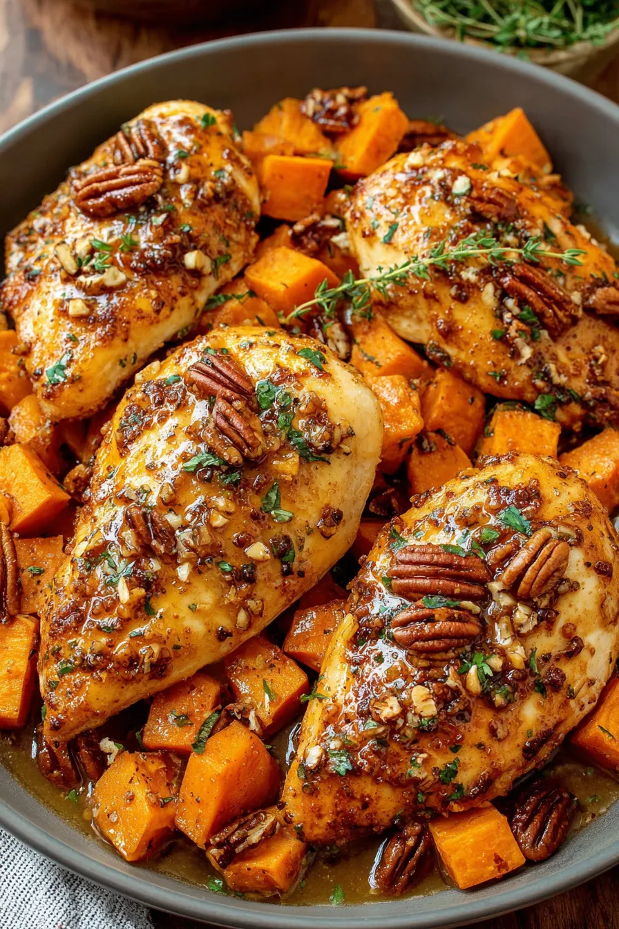 Close-up of toasted pecans and finished platter
