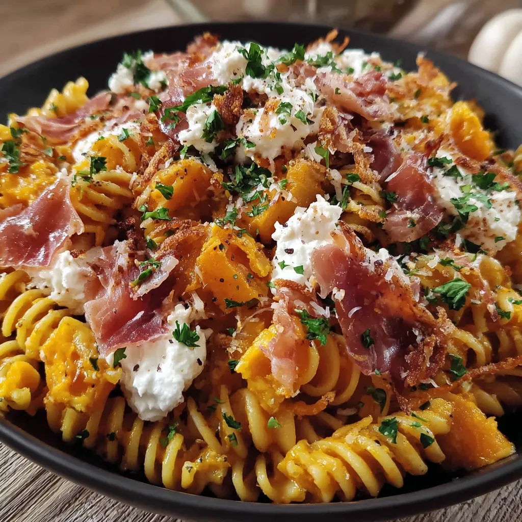 Pumpkin Pasta Salad with Goat Cheese & Crispy Prosciutto