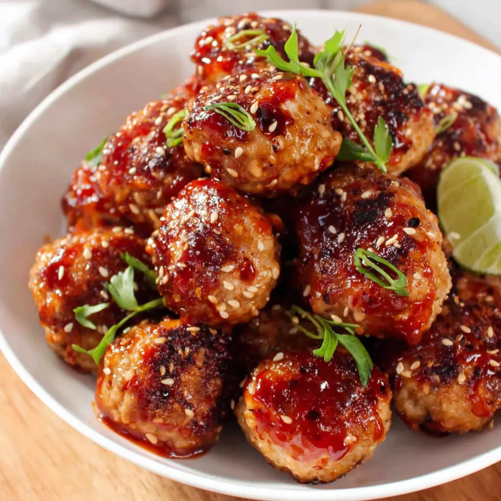 Sheet Pan Sesame Ginger Chicken Meatballs with Sweet Chili Glaze