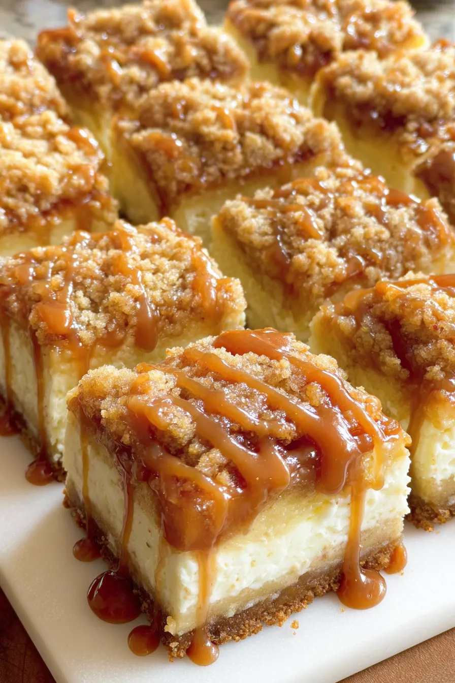 Baked caramel apple cheesecake bars in a 9x13 pan