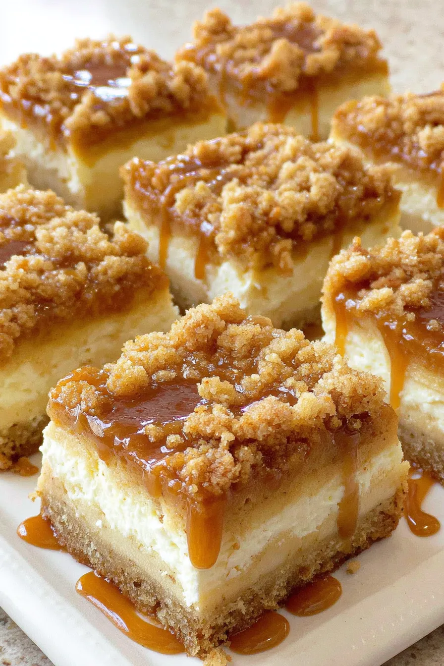 Close-up of streusel topping and caramel drizzle