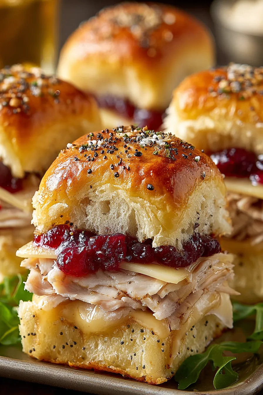Baked tray of turkey cranberry sliders, golden tops