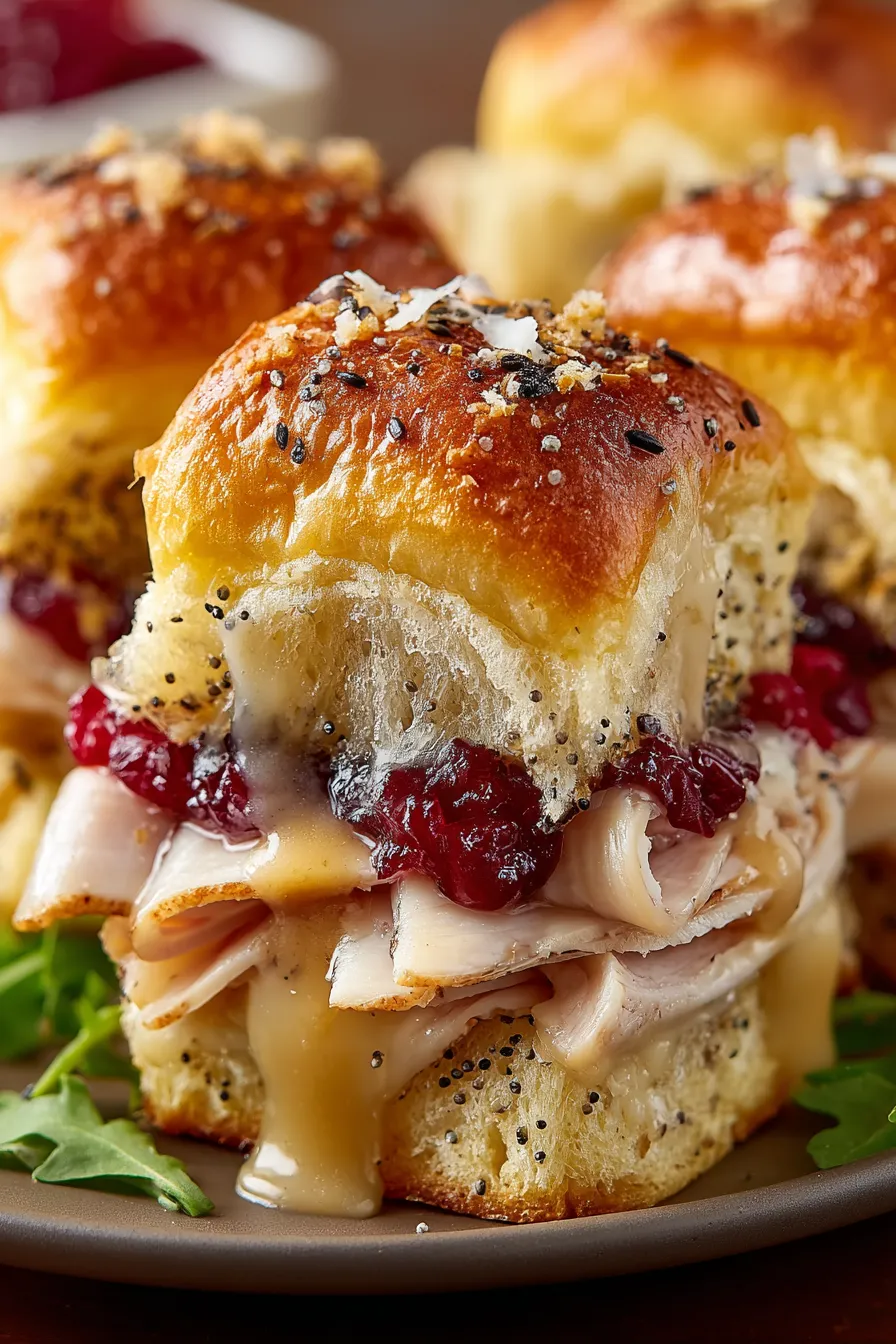 Close up of a sliced turkey cranberry slider showing layers
