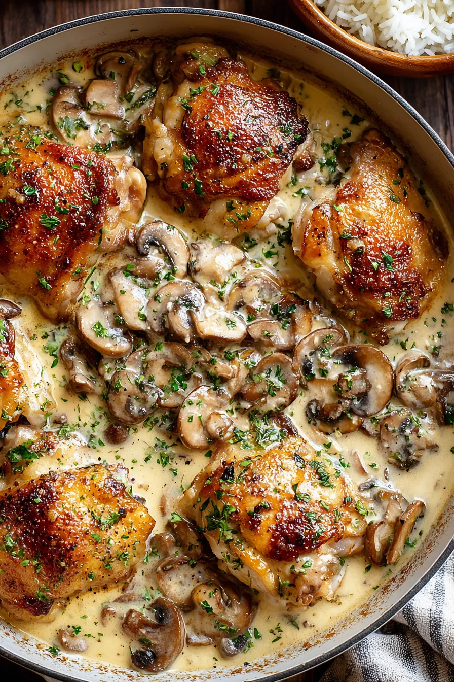 Smothered chicken baking in casserole dish