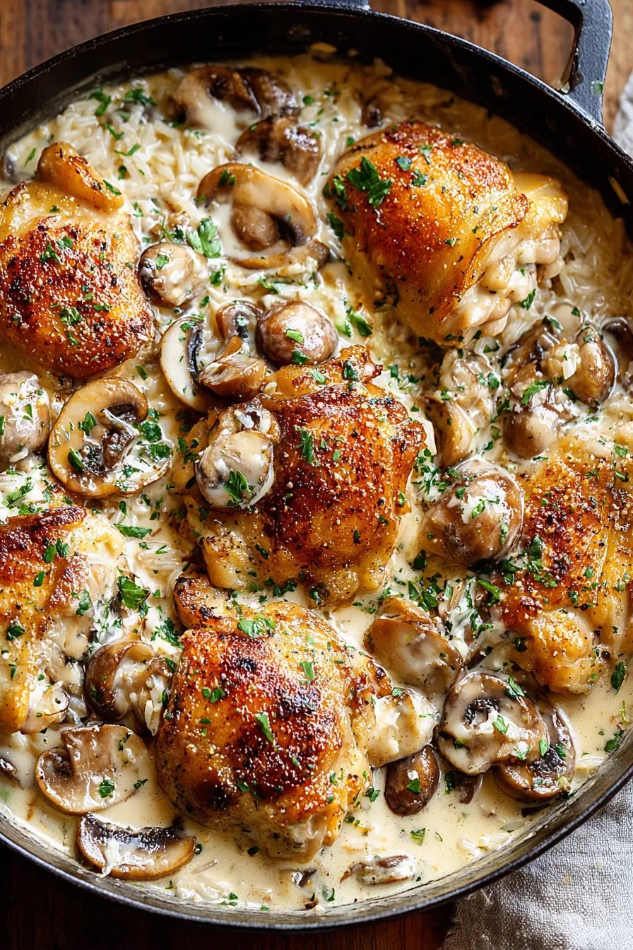 Close-up of plated smothered chicken with rice and mushrooms