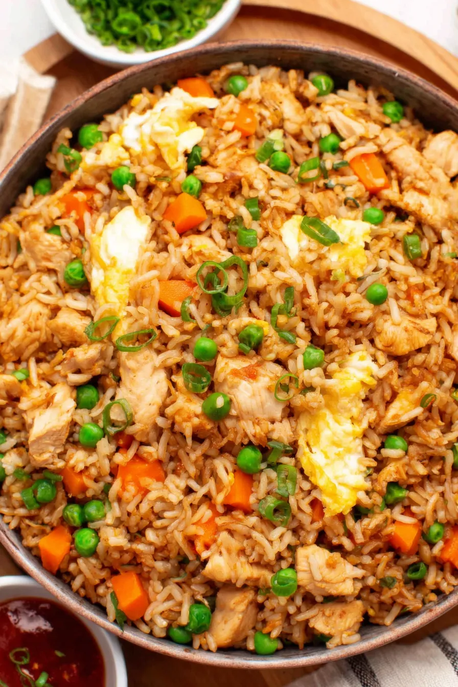 Chicken fried rice in a skillet garnished with green onions