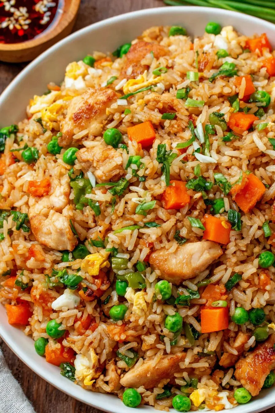 Close-up of a plate with chicken fried rice and garnishes