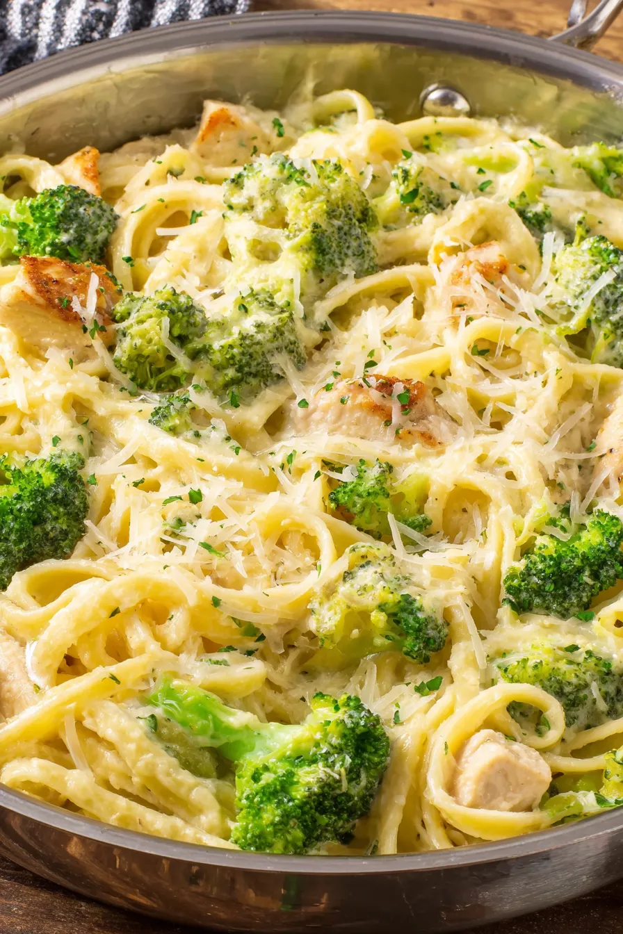 Creamy chicken broccoli Alfredo in skillet