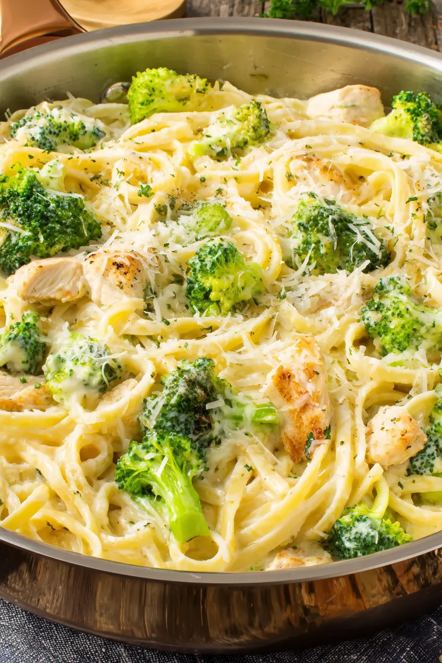 Plate of chicken broccoli Alfredo with parsley