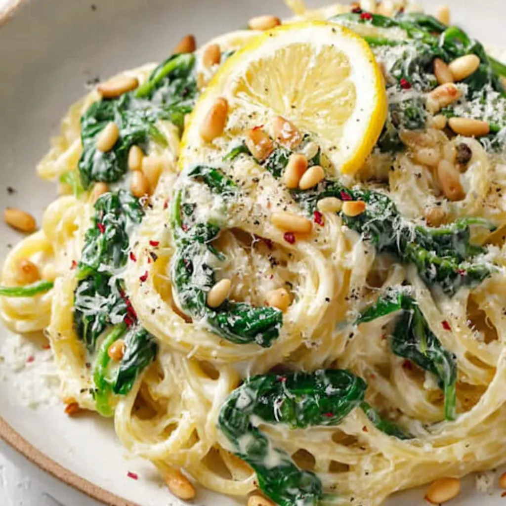 Creamy Lemon Ricotta Pasta with Spinach and Toasted Pine Nuts