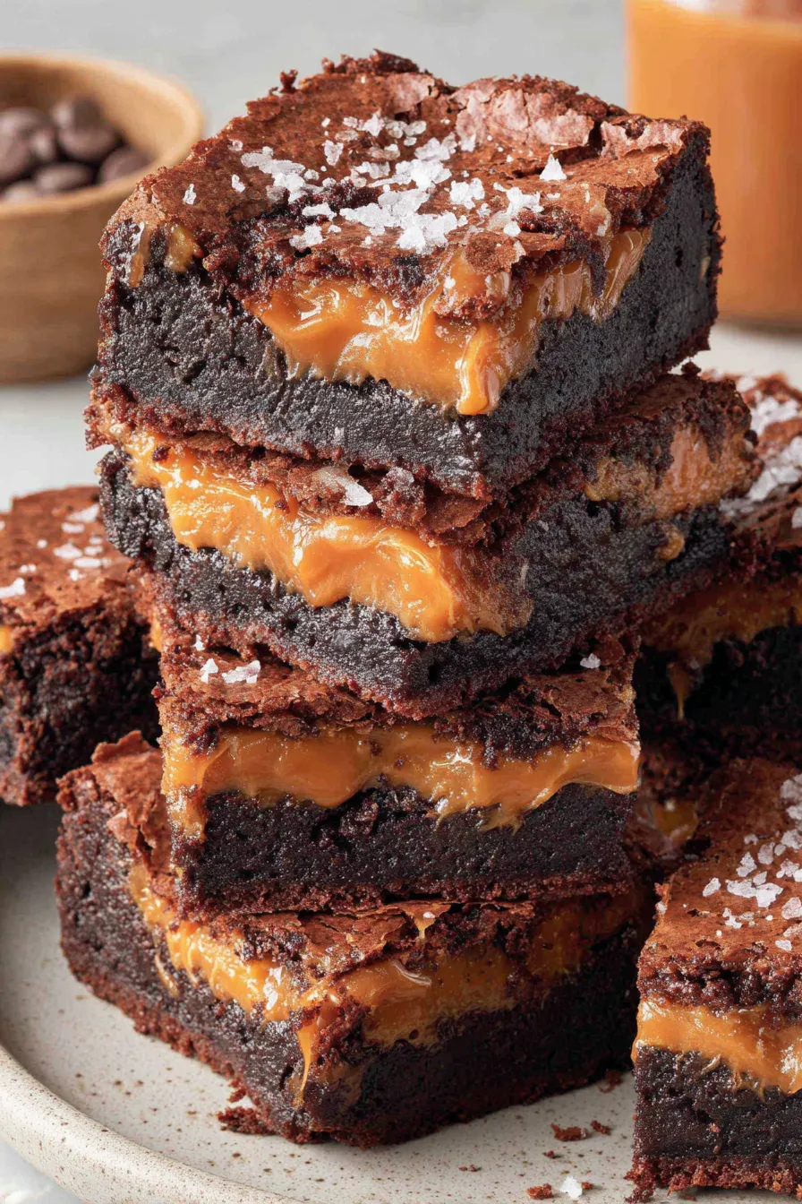 Caramel brownies in an 8x8 pan with caramel drizzle