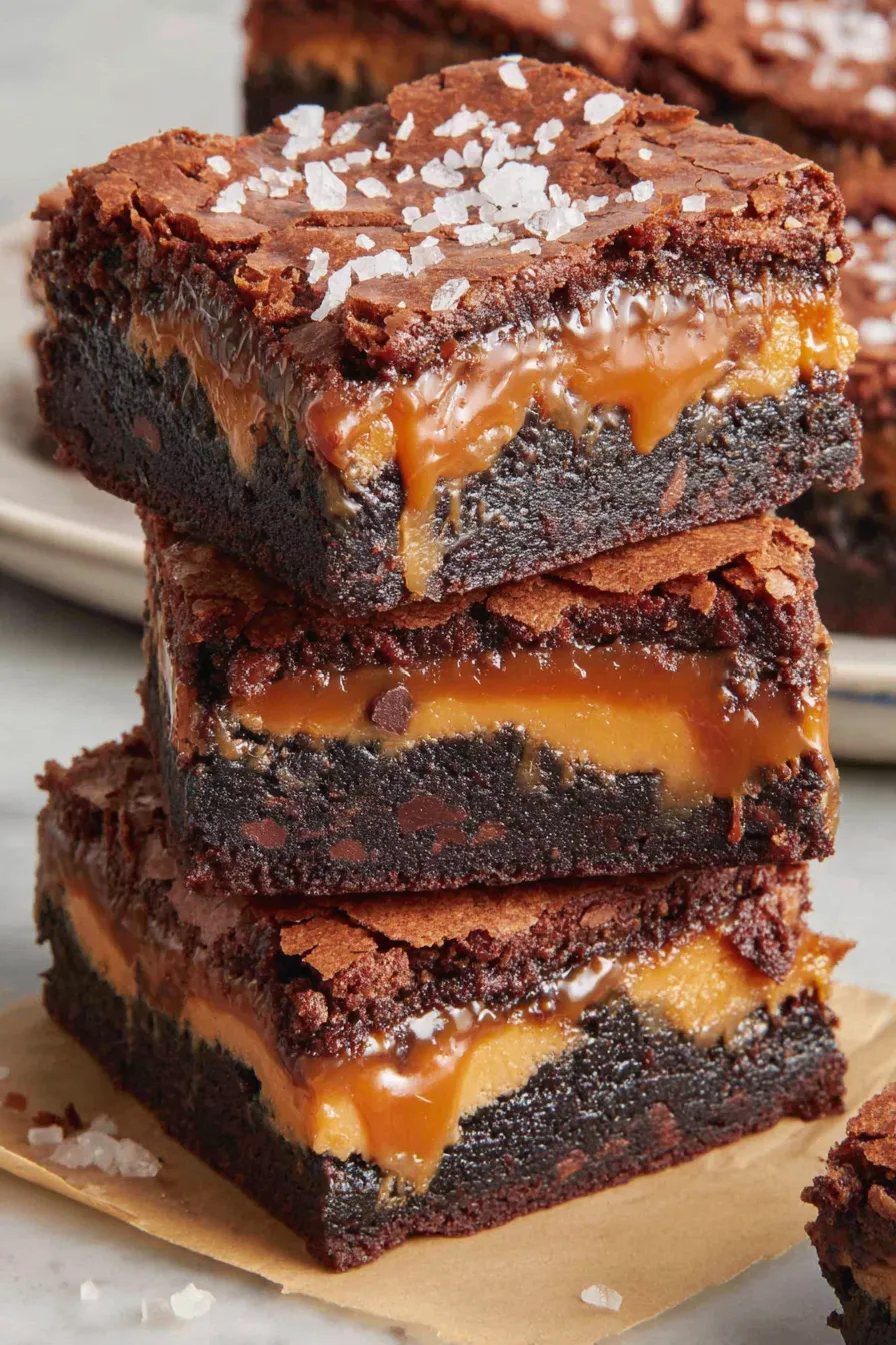 Close-up of a caramel brownie square with flaky salt