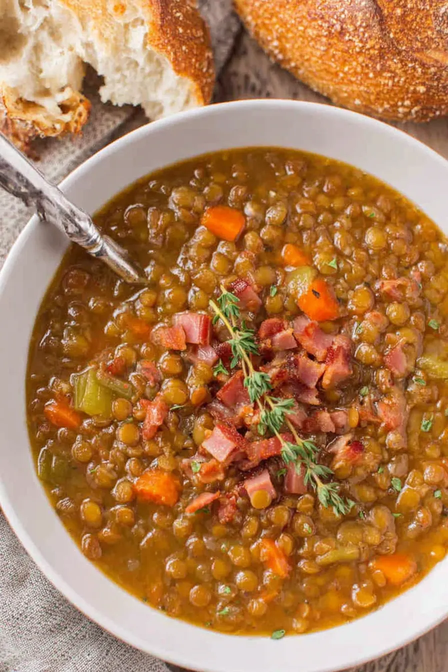 Bowl of lentil soup with ham and parsley