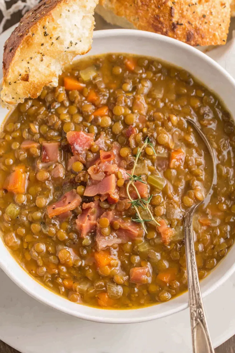 Close-up of ladle scooping lentil soup