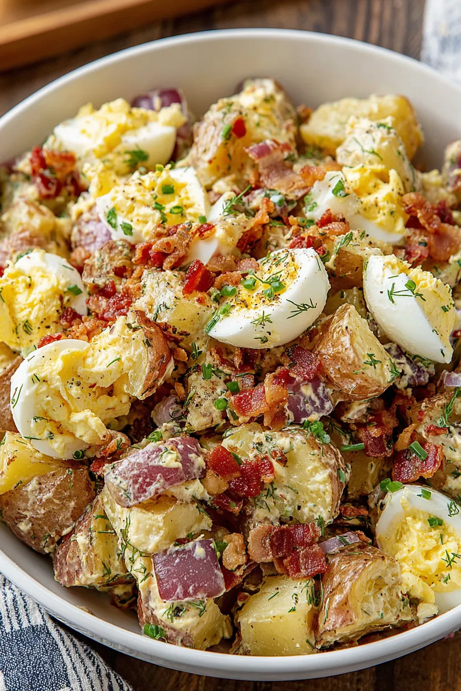 Bowl of roasted potato salad with chopped eggs and bacon