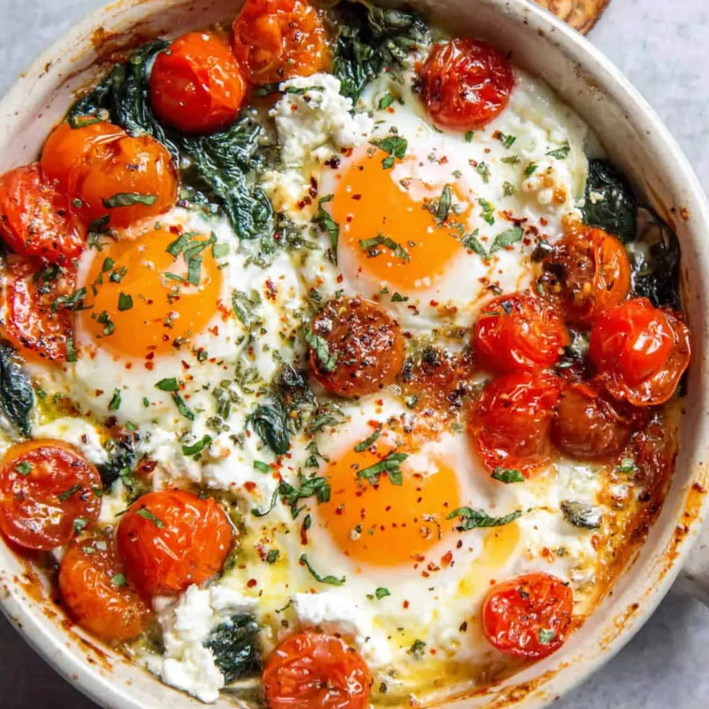 Baked Feta Eggs with Cherry Tomatoes and Spinach