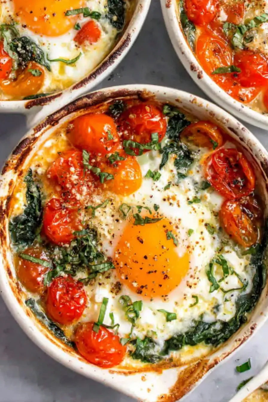 Baked feta eggs with cherry tomatoes in ramekins