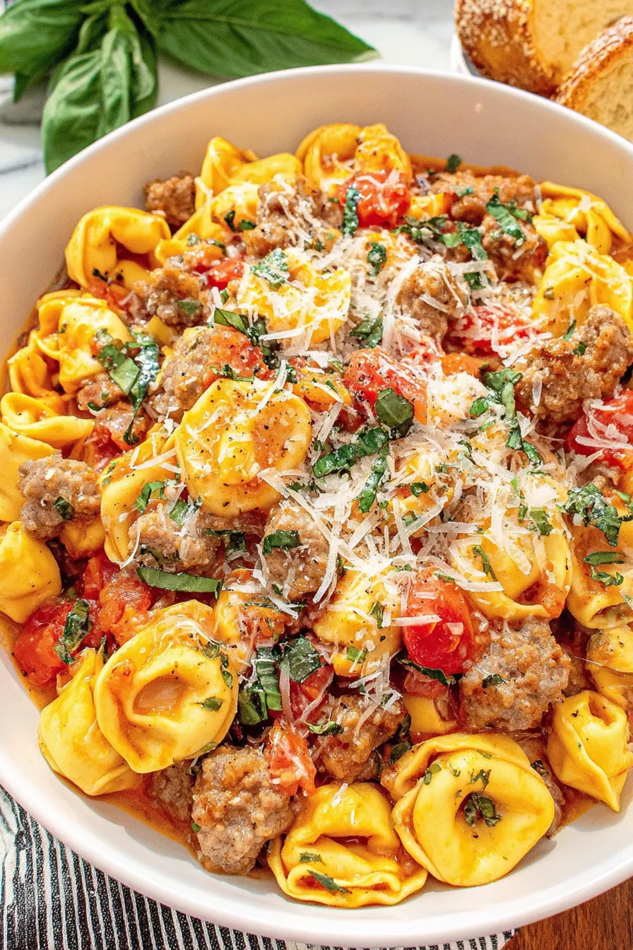 One Pot Sausage and Tortellini in skillet