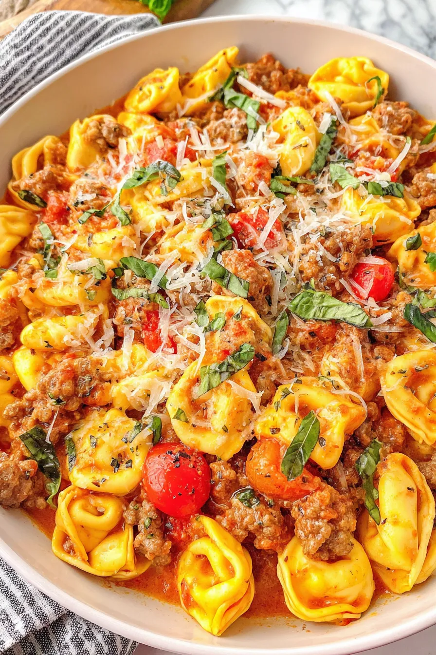 Bowl of One Pot Sausage and Tortellini garnished with basil
