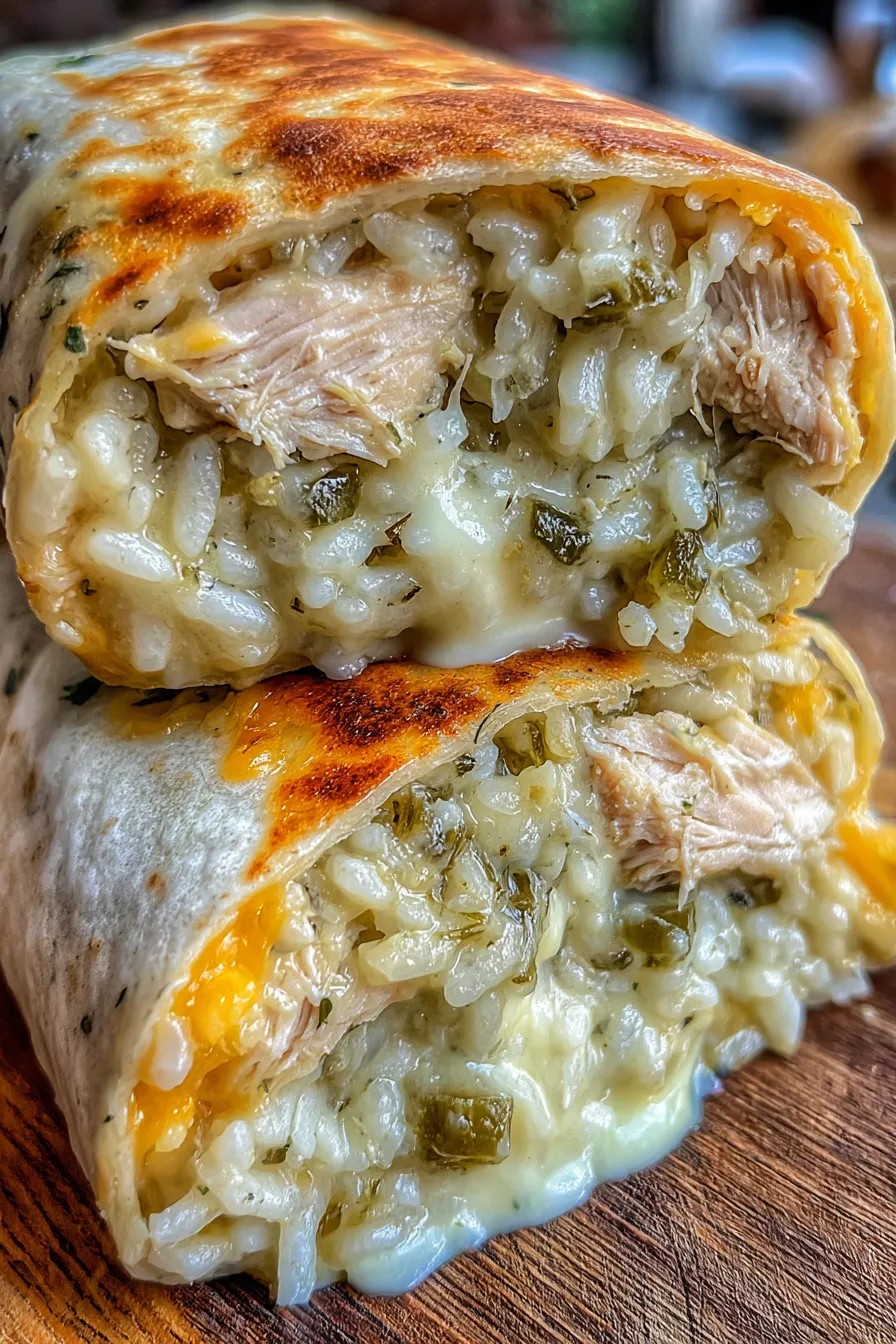 Smoked chicken green chile burrito seam-side down in skillet