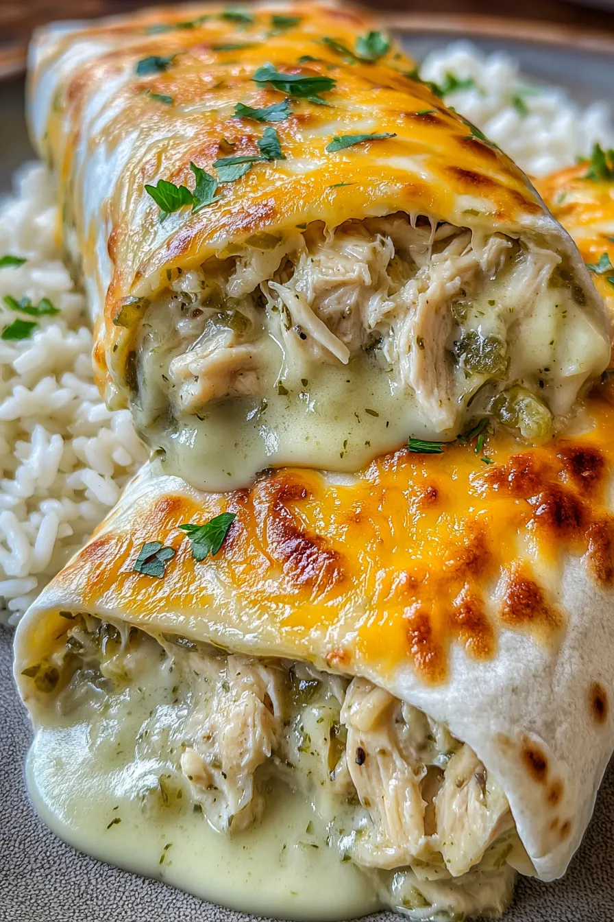 Sliced smoked chicken green chile burrito with salsa and sour cream