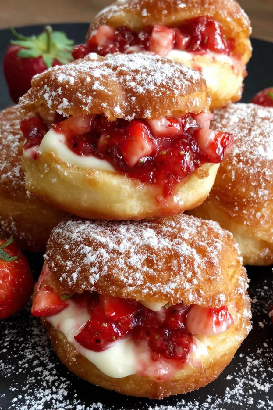 Strawberry cheesecake stuffed donuts on a serving plate