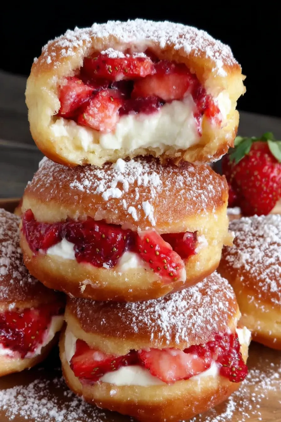 Close-up of a donut being filled with cheesecake mixture