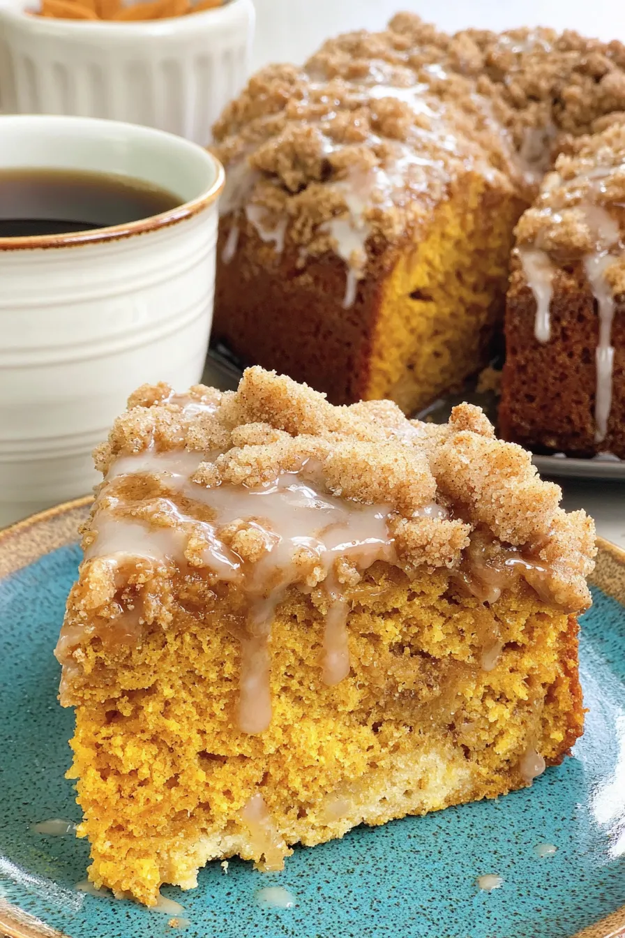 Slice of pumpkin coffee cake with maple glaze on a plate